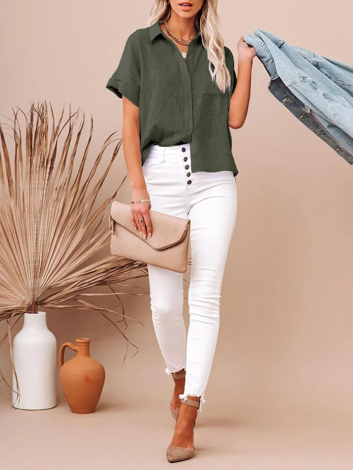 Womens Cotton Linen Button Down Shirts Short Sleeve Dress Shirts Casual Summer Tops Blouses with Pockets