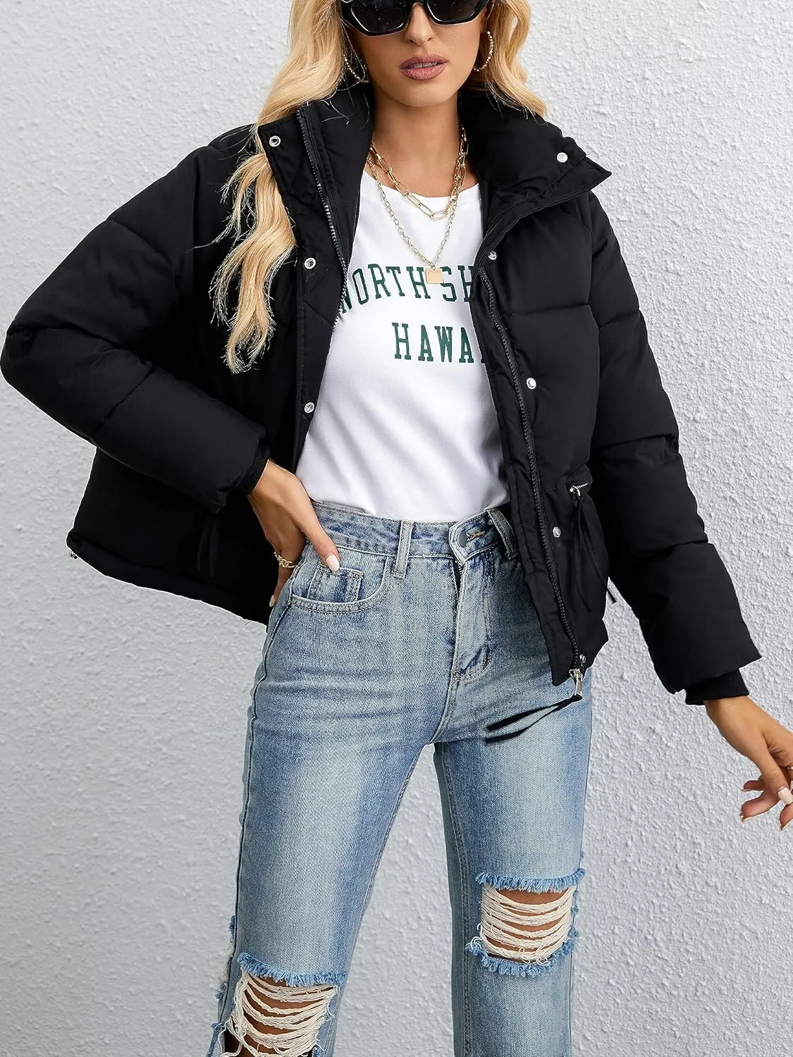 Womens Cropped Puffer Jacket Full Zip Quilted Jackets Warm Winter Coat Outerwear with Pockets