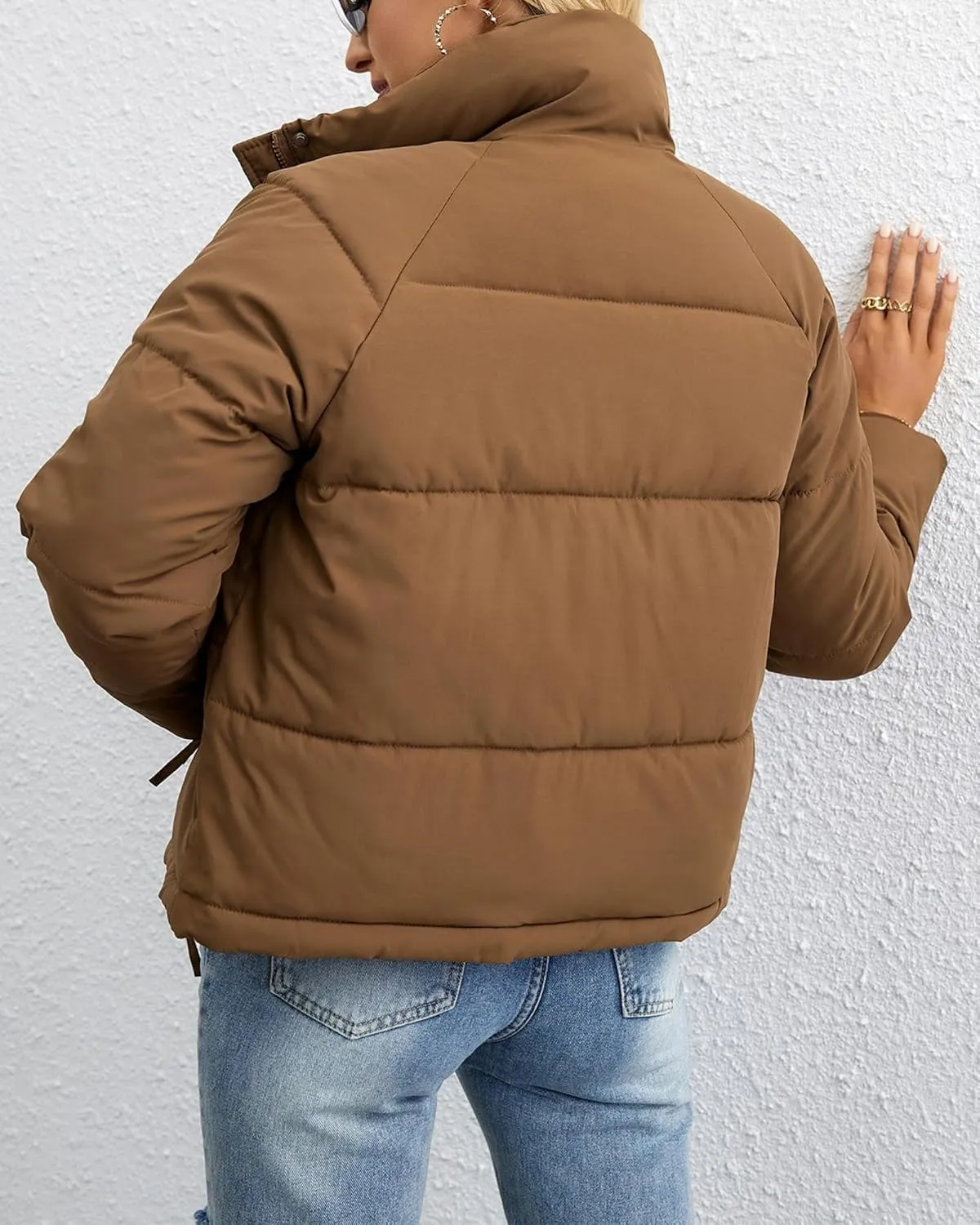 Womens Cropped Puffer Jacket Full Zip Quilted Jackets Warm Winter Coat Outerwear with Pockets