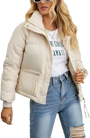 Womens Cropped Puffer Jacket Full Zip Quilted Jackets Warm Winter Coat Outerwear with Pockets