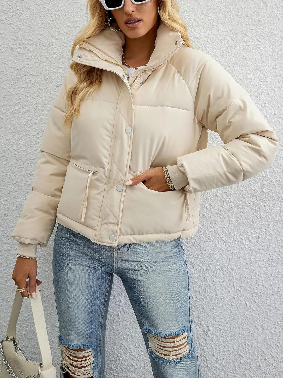 Womens Cropped Puffer Jacket Full Zip Quilted Jackets Warm Winter Coat Outerwear with Pockets