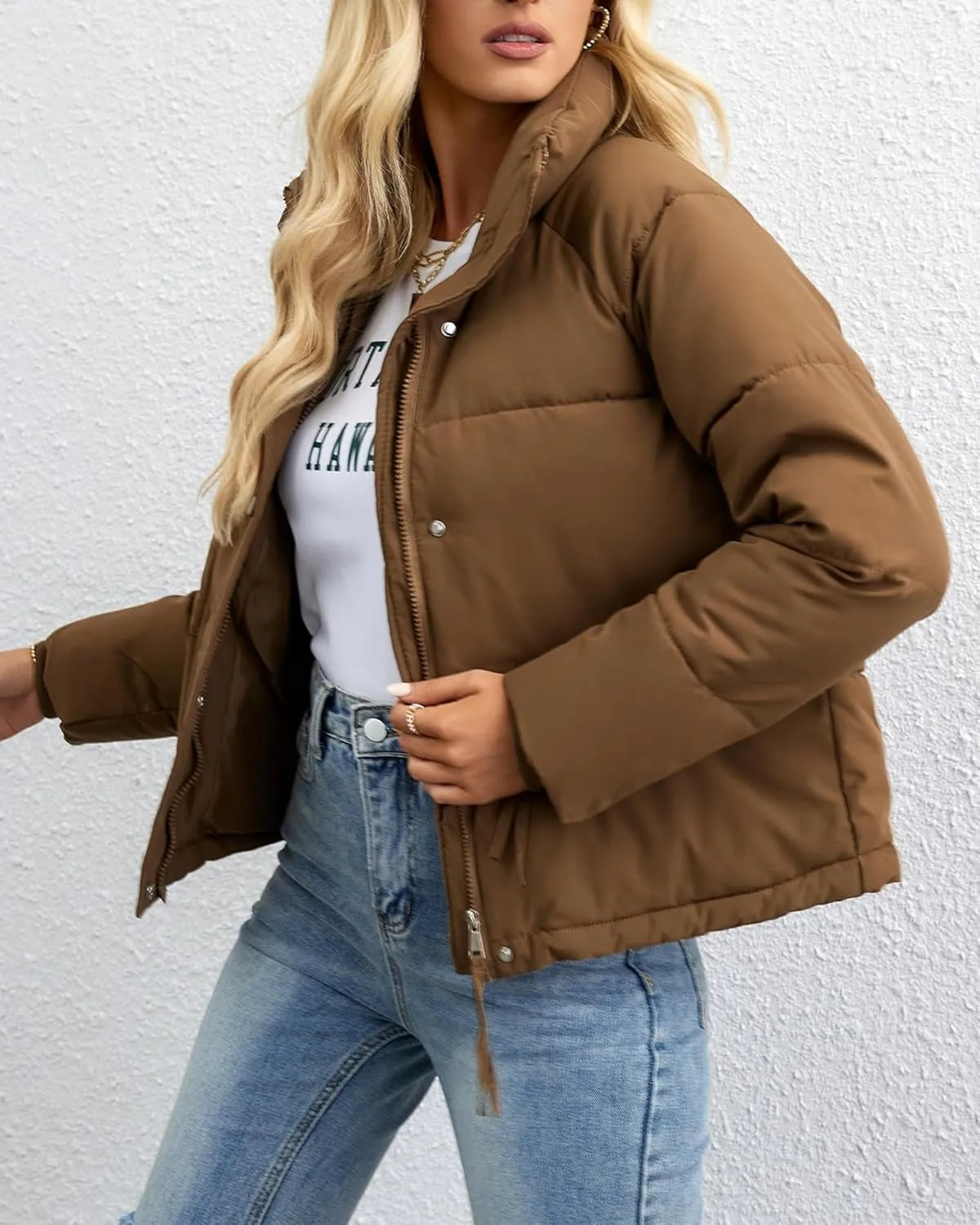 Womens Cropped Puffer Jacket Full Zip Quilted Jackets Warm Winter Coat Outerwear with Pockets