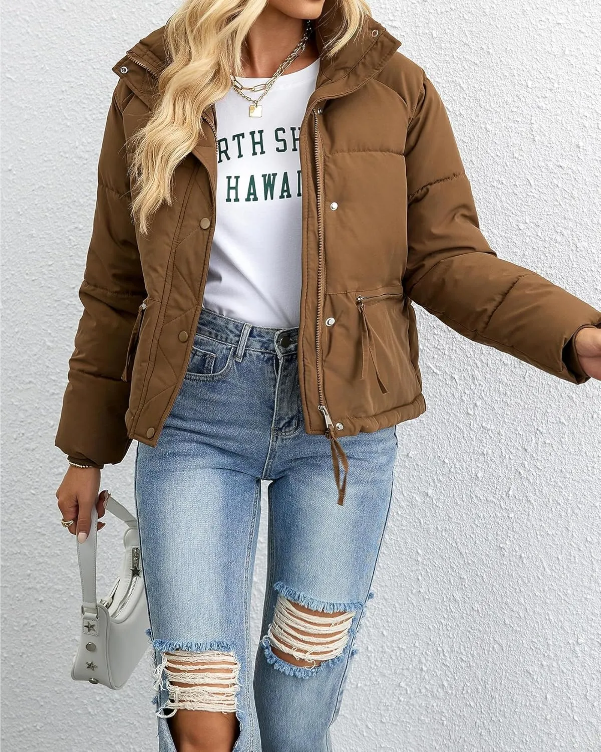 Womens Cropped Puffer Jacket Full Zip Quilted Jackets Warm Winter Coat Outerwear with Pockets