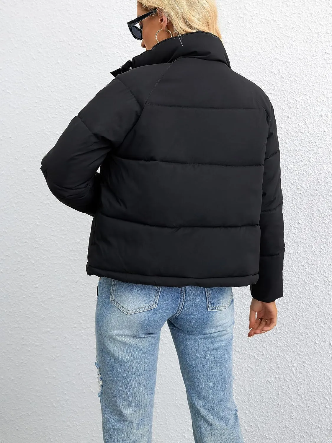 Womens Cropped Puffer Jacket Full Zip Quilted Jackets Warm Winter Coat Outerwear with Pockets