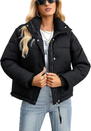Womens Cropped Puffer Jacket Full Zip Quilted Jackets Warm Winter Coat Outerwear with Pockets