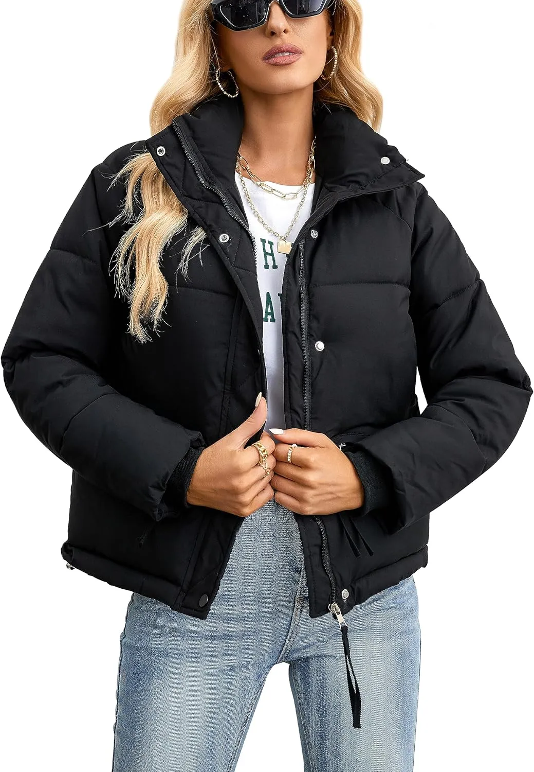 Womens Cropped Puffer Jacket Full Zip Quilted Jackets Warm Winter Coat Outerwear with Pockets