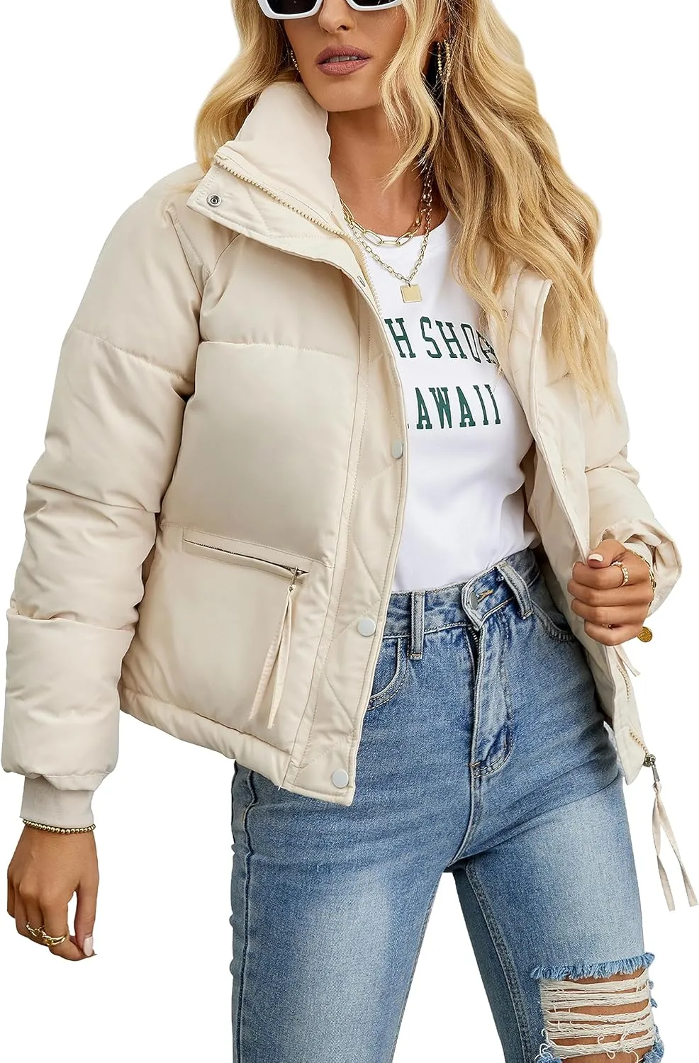 Womens Cropped Puffer Jacket Full Zip Quilted Jackets Warm Winter Coat Outerwear with Pockets