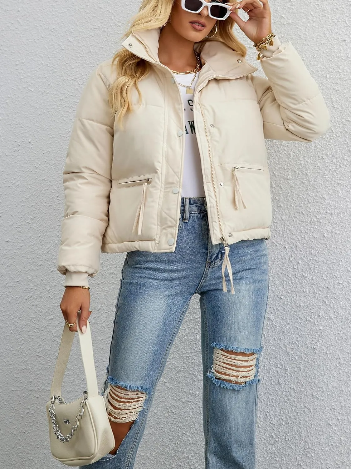 Womens Cropped Puffer Jacket Full Zip Quilted Jackets Warm Winter Coat Outerwear with Pockets