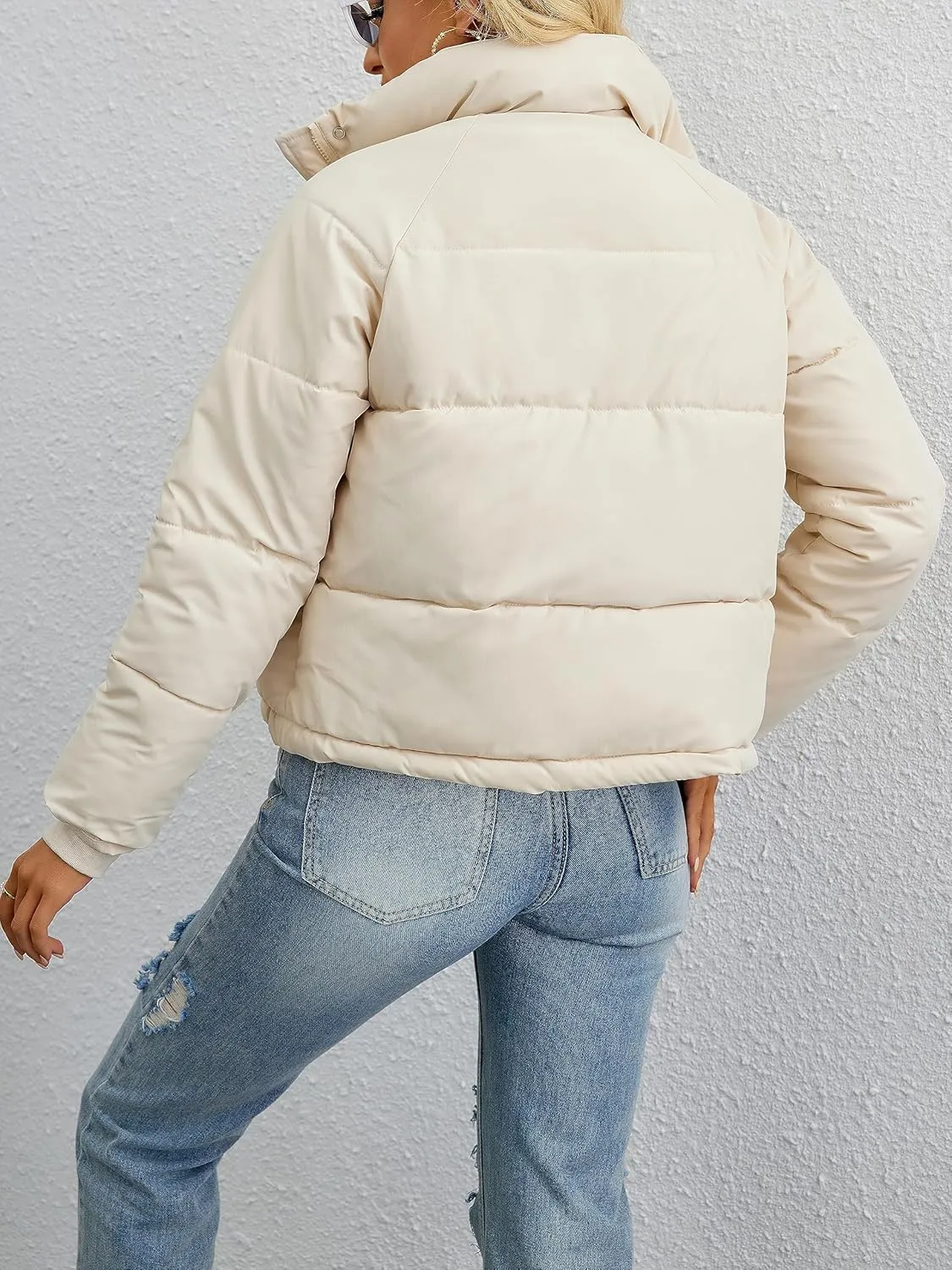 Womens Cropped Puffer Jacket Full Zip Quilted Jackets Warm Winter Coat Outerwear with Pockets