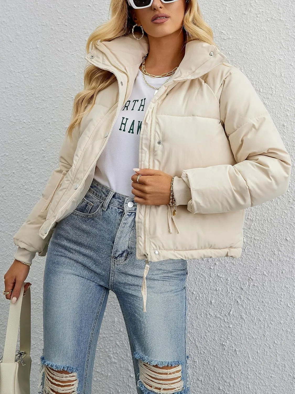 Womens Cropped Puffer Jacket Full Zip Quilted Jackets Warm Winter Coat Outerwear with Pockets