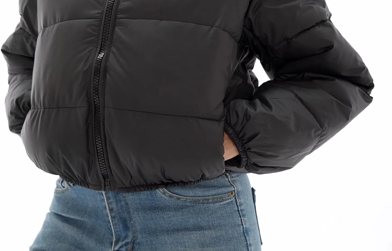 Womens Cropped Puffer Jacket Full Zip Quilted Jackets Warm Winter Coat Outerwear with Pockets