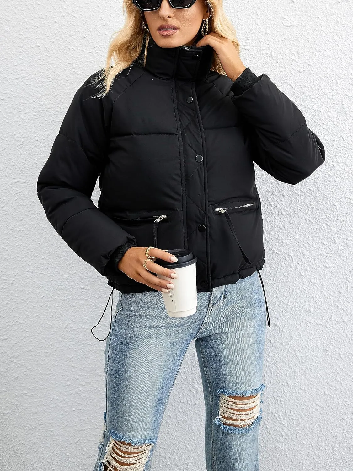 Womens Cropped Puffer Jacket Full Zip Quilted Jackets Warm Winter Coat Outerwear with Pockets