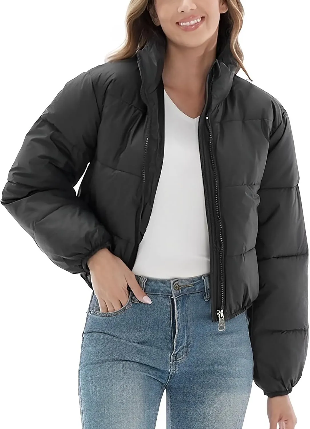 Womens Cropped Puffer Jacket Full Zip Quilted Jackets Warm Winter Coat Outerwear with Pockets
