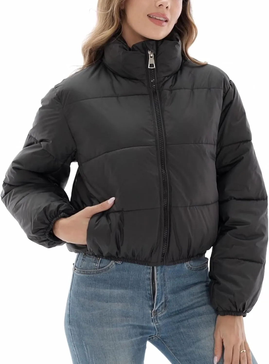 Womens Cropped Puffer Jacket Full Zip Quilted Jackets Warm Winter Coat Outerwear with Pockets