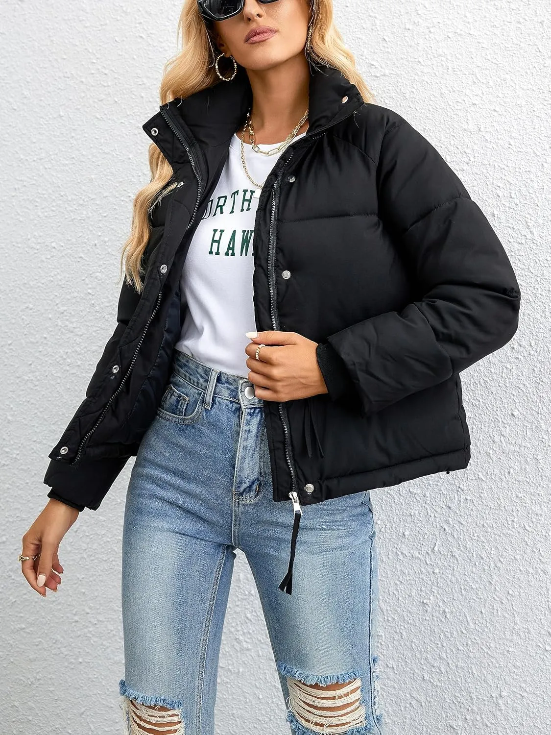 Womens Cropped Puffer Jacket Full Zip Quilted Jackets Warm Winter Coat Outerwear with Pockets