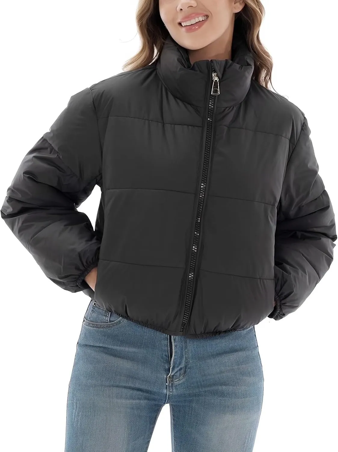 Womens Cropped Puffer Jacket Full Zip Quilted Jackets Warm Winter Coat Outerwear with Pockets