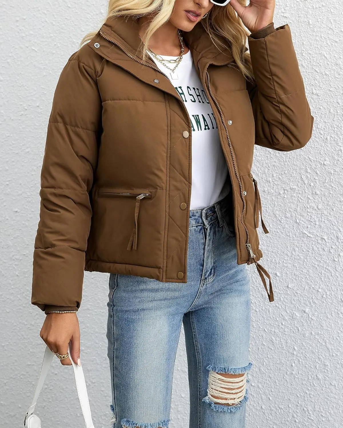 Womens Cropped Puffer Jacket Full Zip Quilted Jackets Warm Winter Coat Outerwear with Pockets