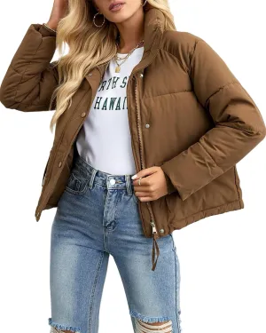 Womens Cropped Puffer Jacket Full Zip Quilted Jackets Warm Winter Coat Outerwear with Pockets