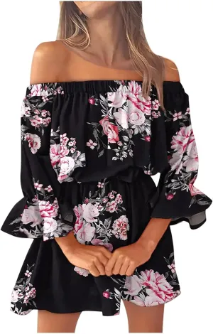 Women's Floral Off Shoulder Half Sleeve Summer Ruffle Flowy Flounce A Line Mini Dress Black