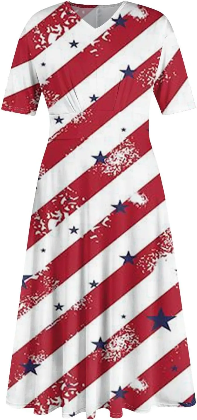 Women's July of 4th Dresses V Neck Patriotic Amercian Flag Midi Dress with Pocket
