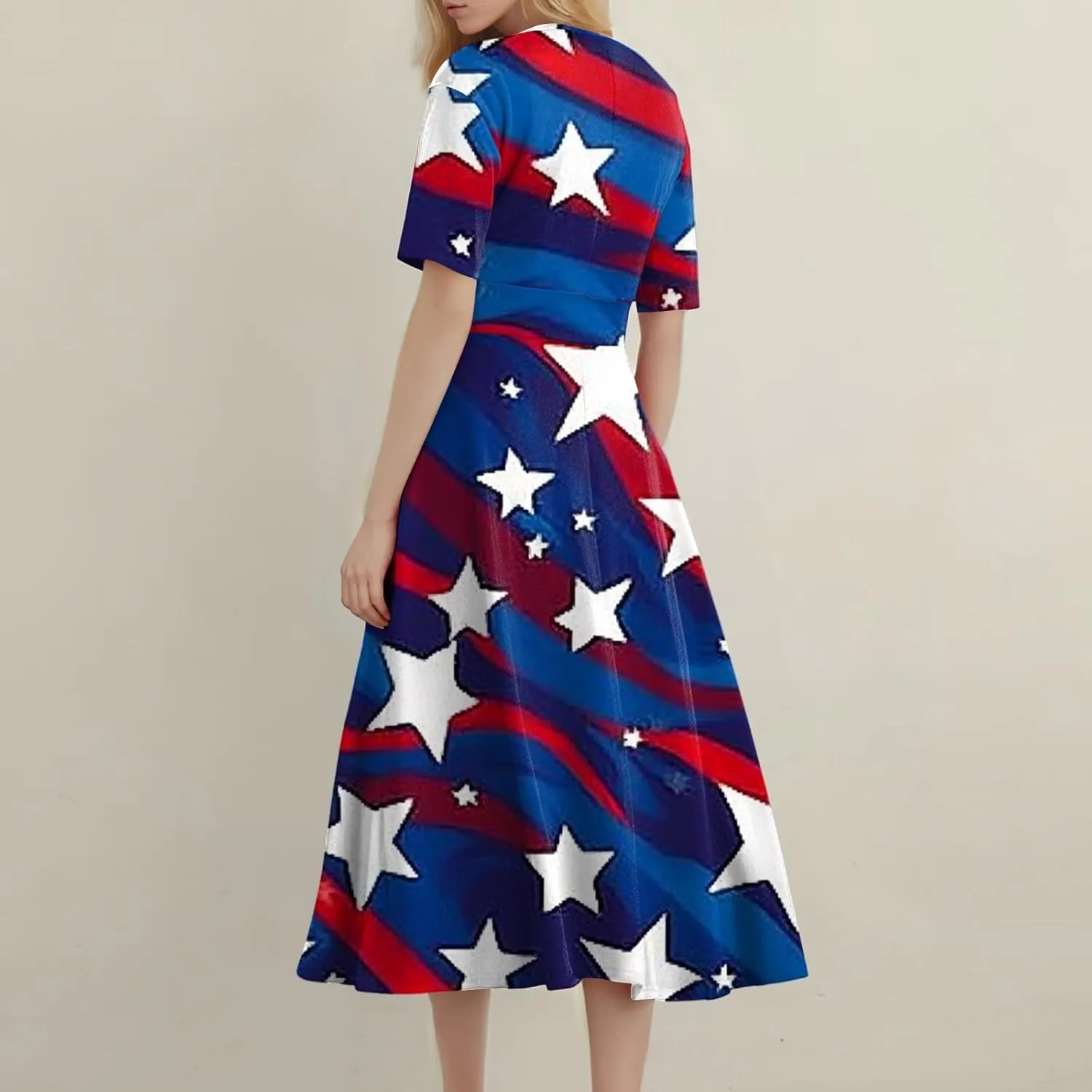 Women's July of 4th Dresses V Neck Patriotic Amercian Flag Midi Dress with Pocket