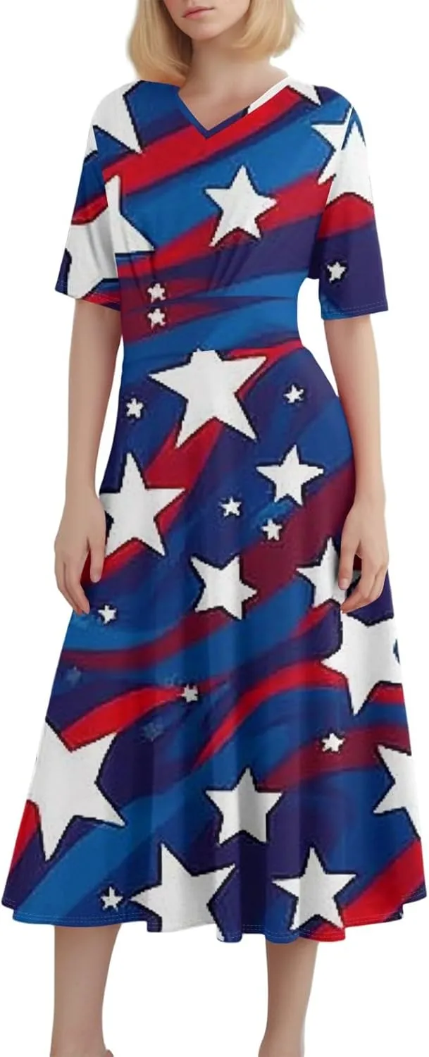 Women's July of 4th Dresses V Neck Patriotic Amercian Flag Midi Dress with Pocket