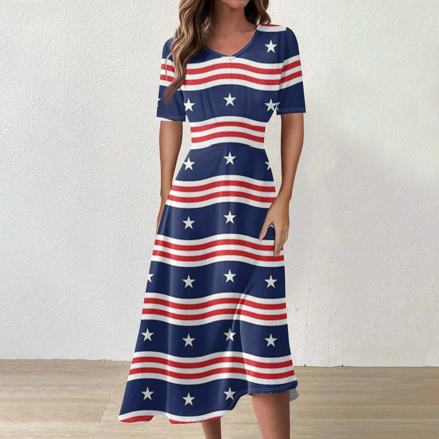 Women's July of 4th Dresses V Neck Patriotic Amercian Flag Midi Dress with Pocket