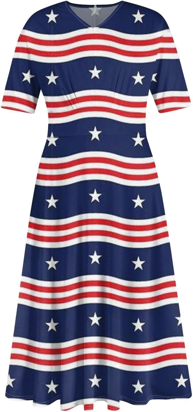 Women's July of 4th Dresses V Neck Patriotic Amercian Flag Midi Dress with Pocket