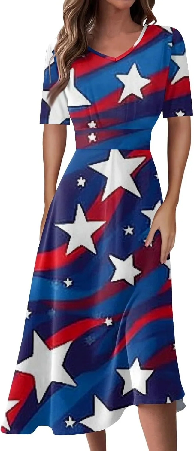Women's July of 4th Dresses V Neck Patriotic Amercian Flag Midi Dress with Pocket