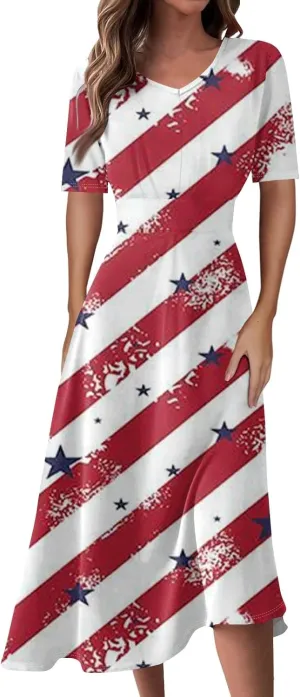 Women's July of 4th Dresses V Neck Patriotic Amercian Flag Midi Dress with Pocket