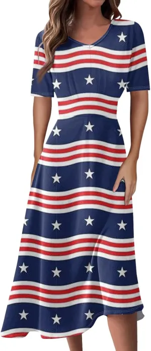 Women's July of 4th Dresses V Neck Patriotic Amercian Flag Midi Dress with Pocket