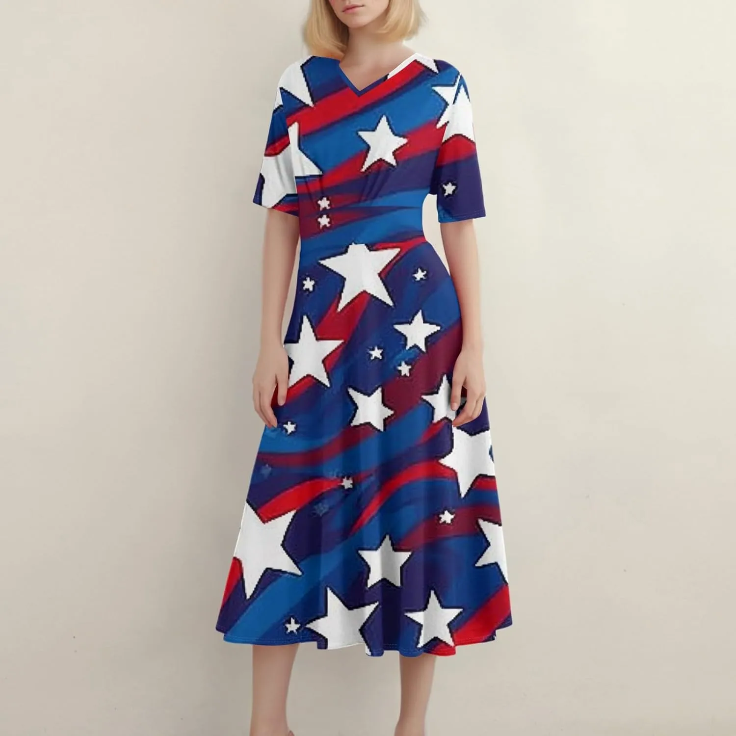 Women's July of 4th Dresses V Neck Patriotic Amercian Flag Midi Dress with Pocket