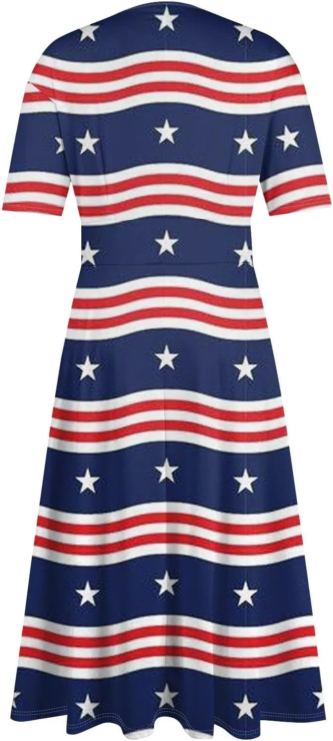Women's July of 4th Dresses V Neck Patriotic Amercian Flag Midi Dress with Pocket