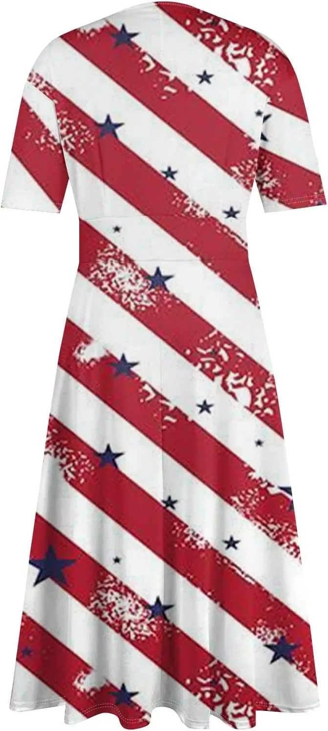 Women's July of 4th Dresses V Neck Patriotic Amercian Flag Midi Dress with Pocket