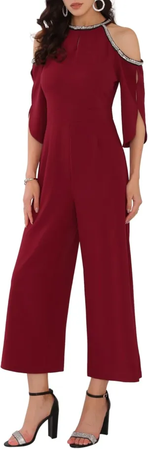 Women's Jumpsuits Sequin Cold Shoulder Split Sleeve Wide Leg Cocktail Evening Rompers