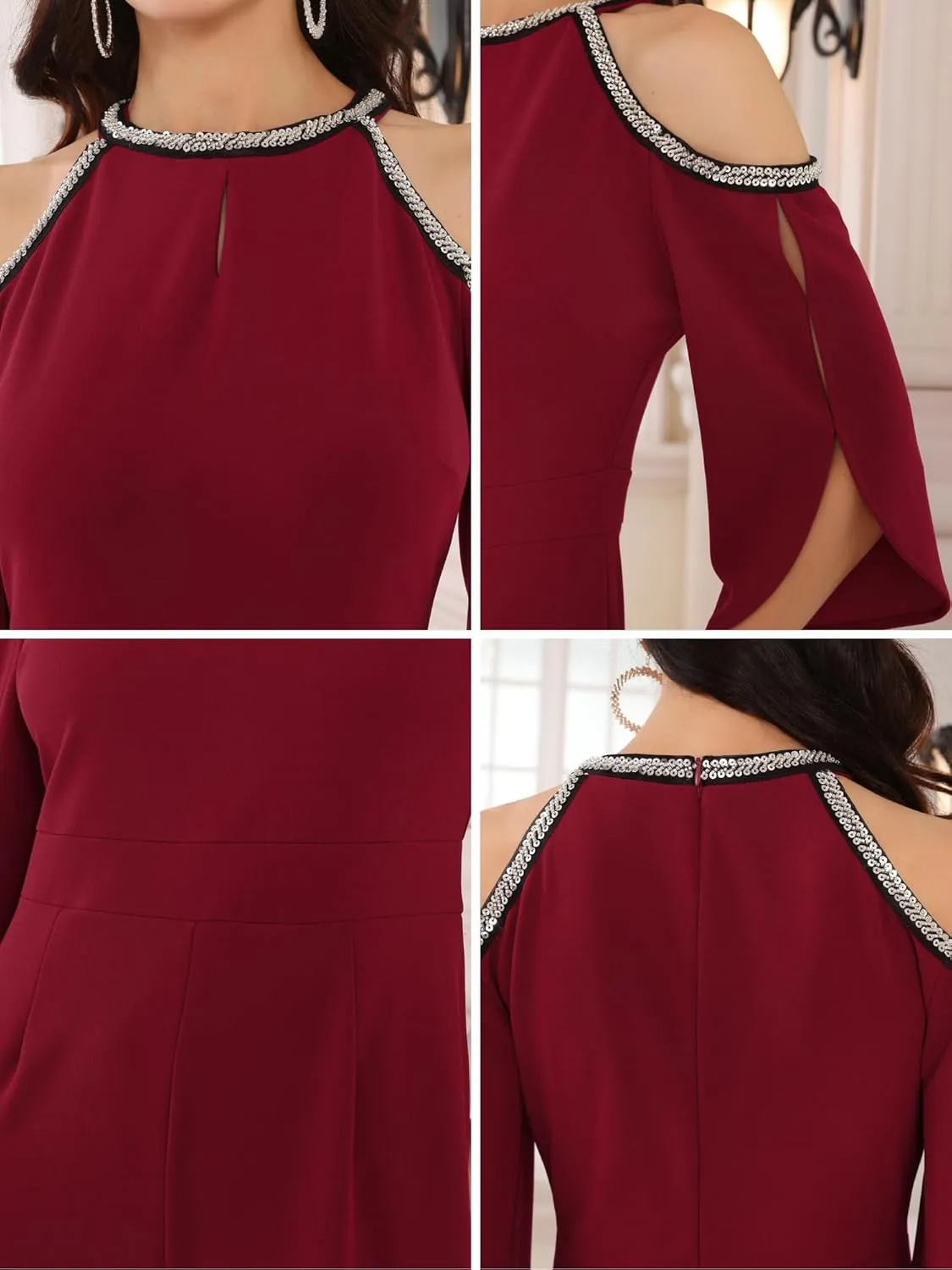 Women's Jumpsuits Sequin Cold Shoulder Split Sleeve Wide Leg Cocktail Evening Rompers