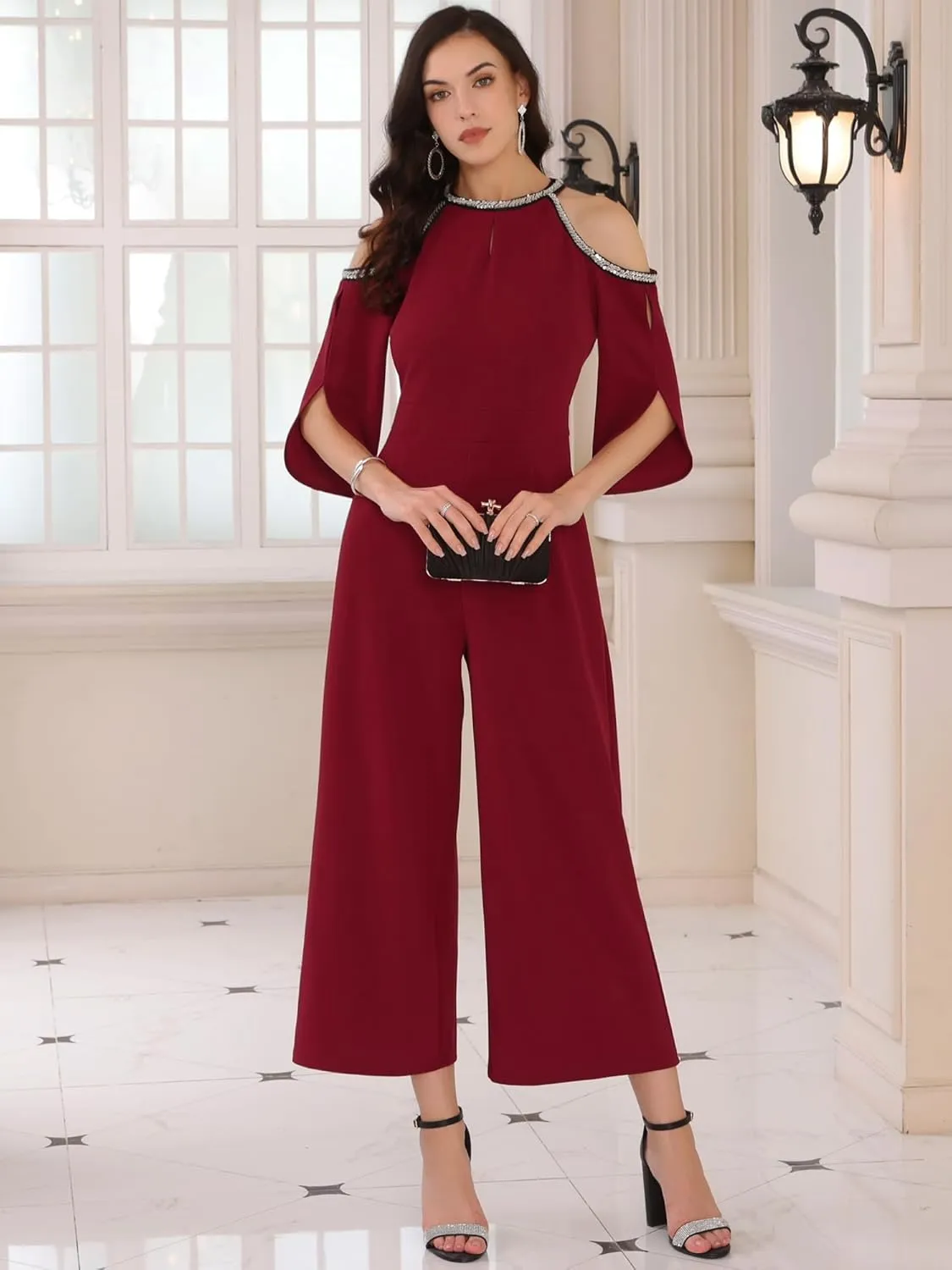 Women's Jumpsuits Sequin Cold Shoulder Split Sleeve Wide Leg Cocktail Evening Rompers