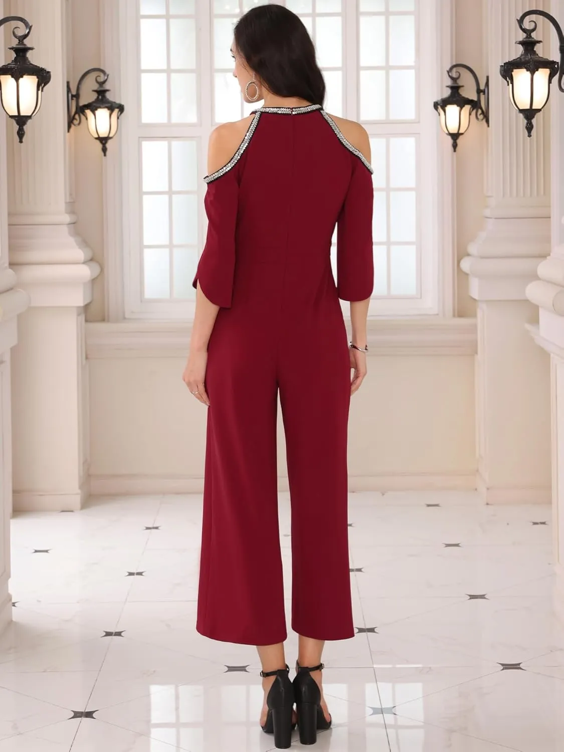Women's Jumpsuits Sequin Cold Shoulder Split Sleeve Wide Leg Cocktail Evening Rompers