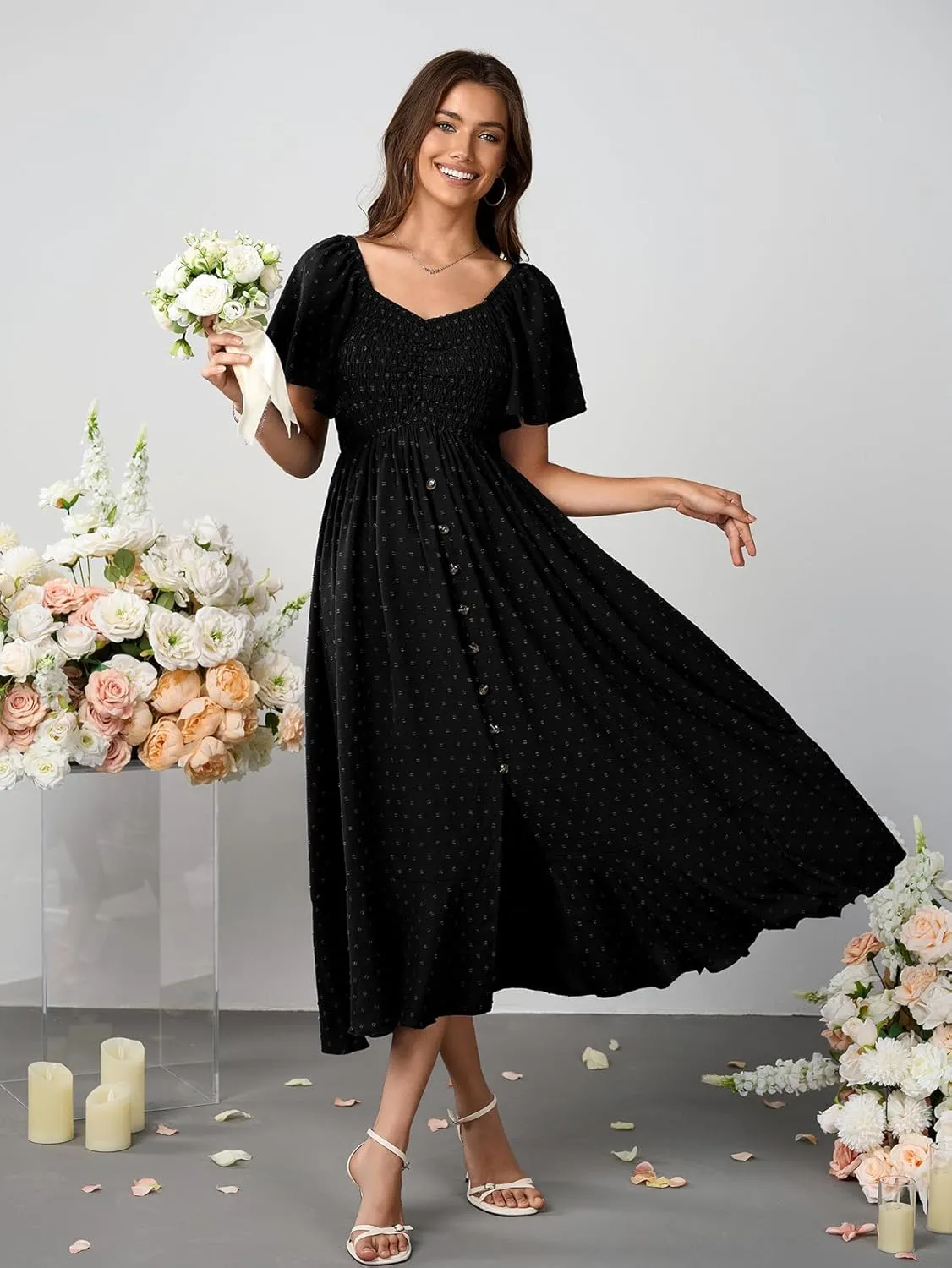 Womens Long Summer Boho Dress V Neck Swiss Dots Smocked Ruched Ruffle Button Down Flowy A Line Formal Maxi Dresses