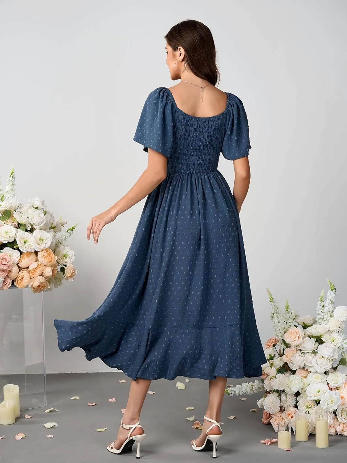 Womens Long Summer Boho Dress V Neck Swiss Dots Smocked Ruched Ruffle Button Down Flowy A Line Formal Maxi Dresses