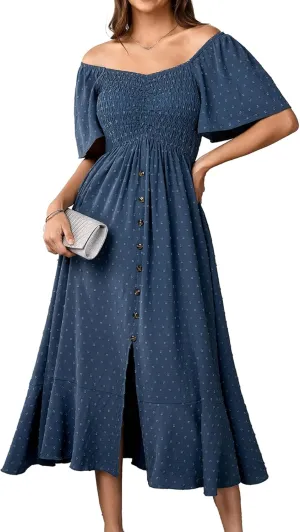 Womens Long Summer Boho Dress V Neck Swiss Dots Smocked Ruched Ruffle Button Down Flowy A Line Formal Maxi Dresses