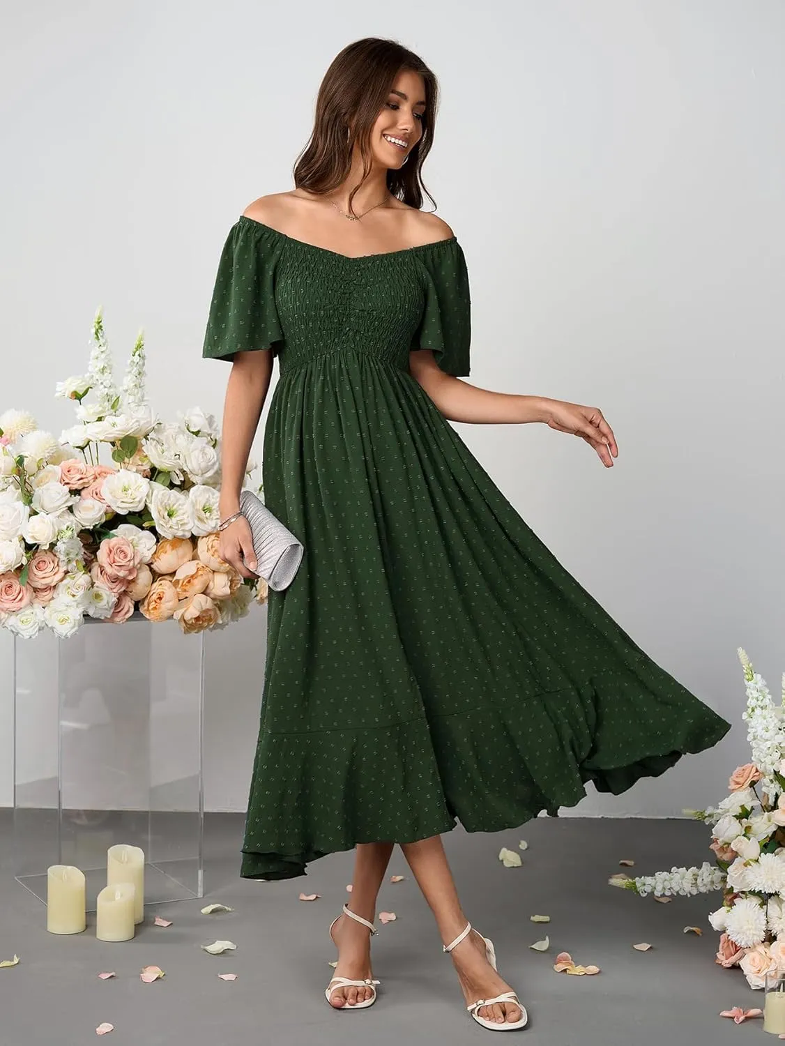 Womens Long Summer Boho Dress V Neck Swiss Dots Smocked Ruched Ruffle Button Down Flowy A Line Formal Maxi Dresses