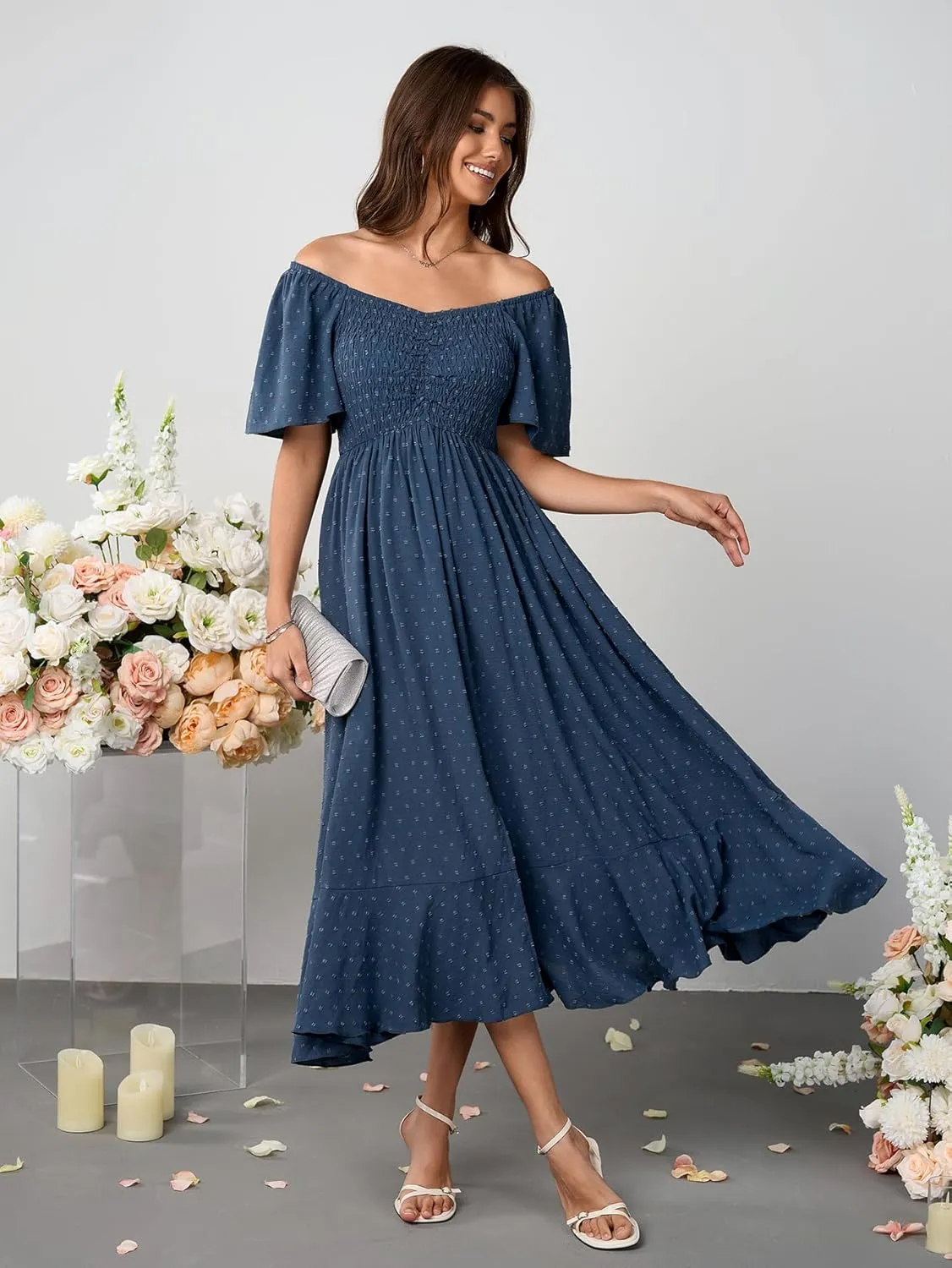 Womens Long Summer Boho Dress V Neck Swiss Dots Smocked Ruched Ruffle Button Down Flowy A Line Formal Maxi Dresses