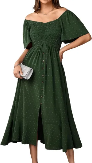 Womens Long Summer Boho Dress V Neck Swiss Dots Smocked Ruched Ruffle Button Down Flowy A Line Formal Maxi Dresses