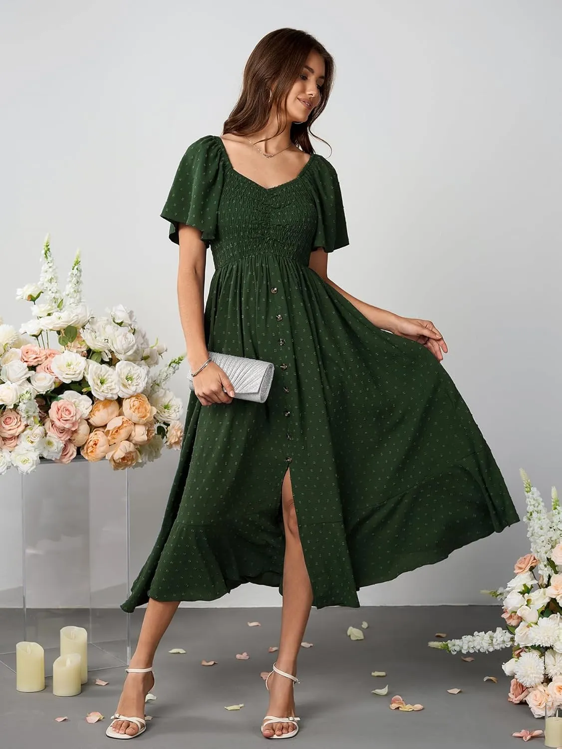 Womens Long Summer Boho Dress V Neck Swiss Dots Smocked Ruched Ruffle Button Down Flowy A Line Formal Maxi Dresses