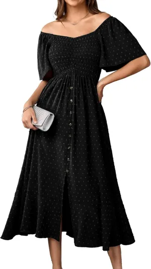 Womens Long Summer Boho Dress V Neck Swiss Dots Smocked Ruched Ruffle Button Down Flowy A Line Formal Maxi Dresses