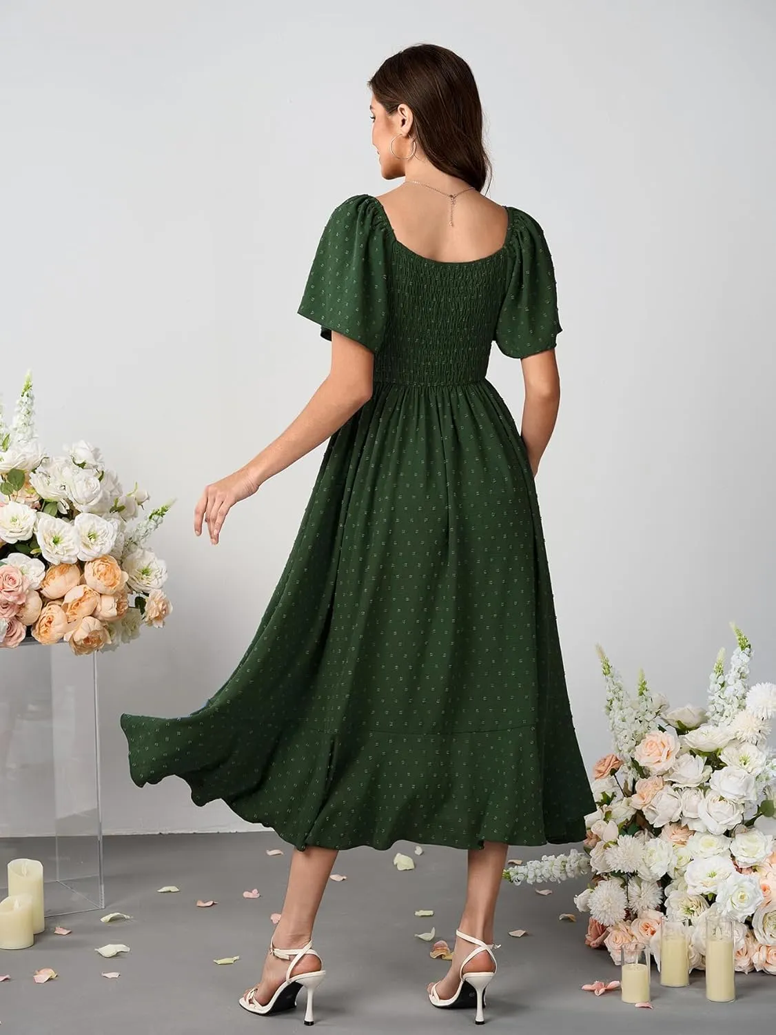 Womens Long Summer Boho Dress V Neck Swiss Dots Smocked Ruched Ruffle Button Down Flowy A Line Formal Maxi Dresses