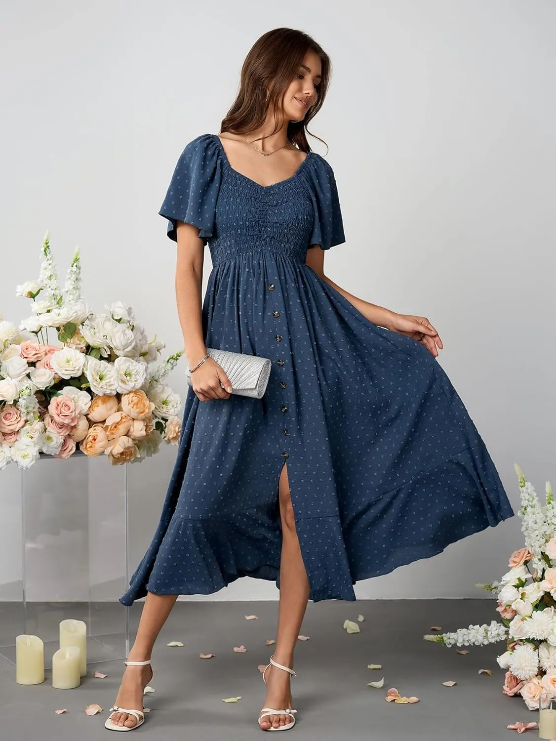 Womens Long Summer Boho Dress V Neck Swiss Dots Smocked Ruched Ruffle Button Down Flowy A Line Formal Maxi Dresses