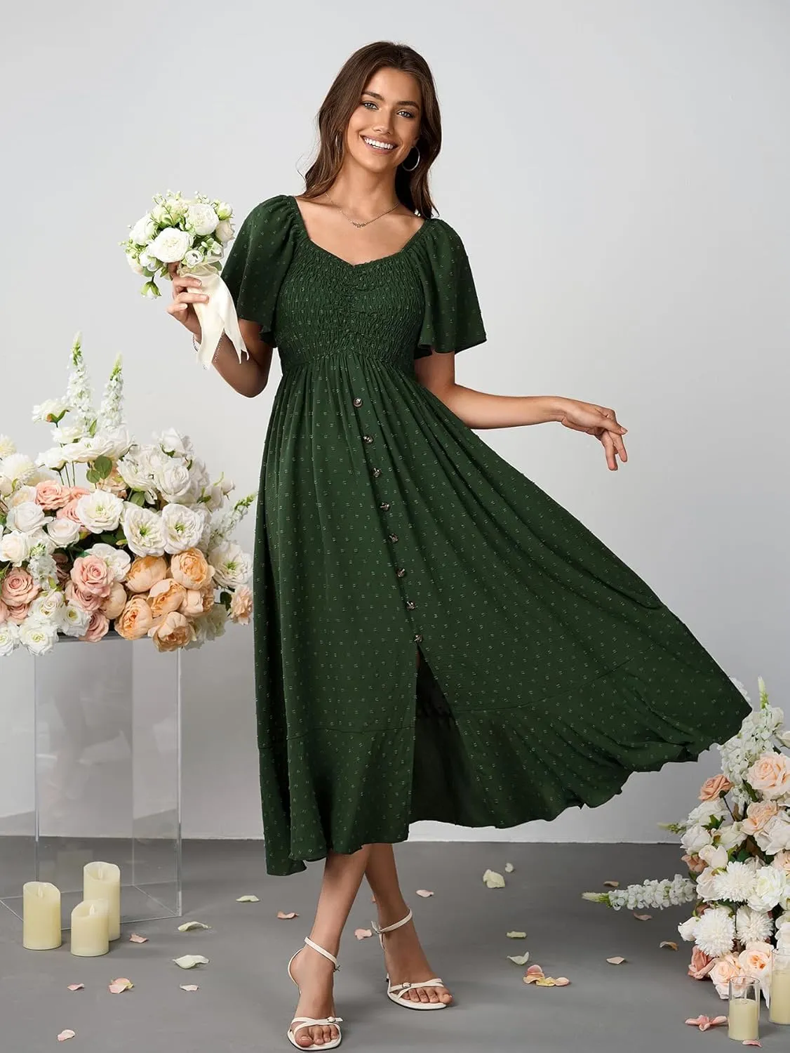 Womens Long Summer Boho Dress V Neck Swiss Dots Smocked Ruched Ruffle Button Down Flowy A Line Formal Maxi Dresses