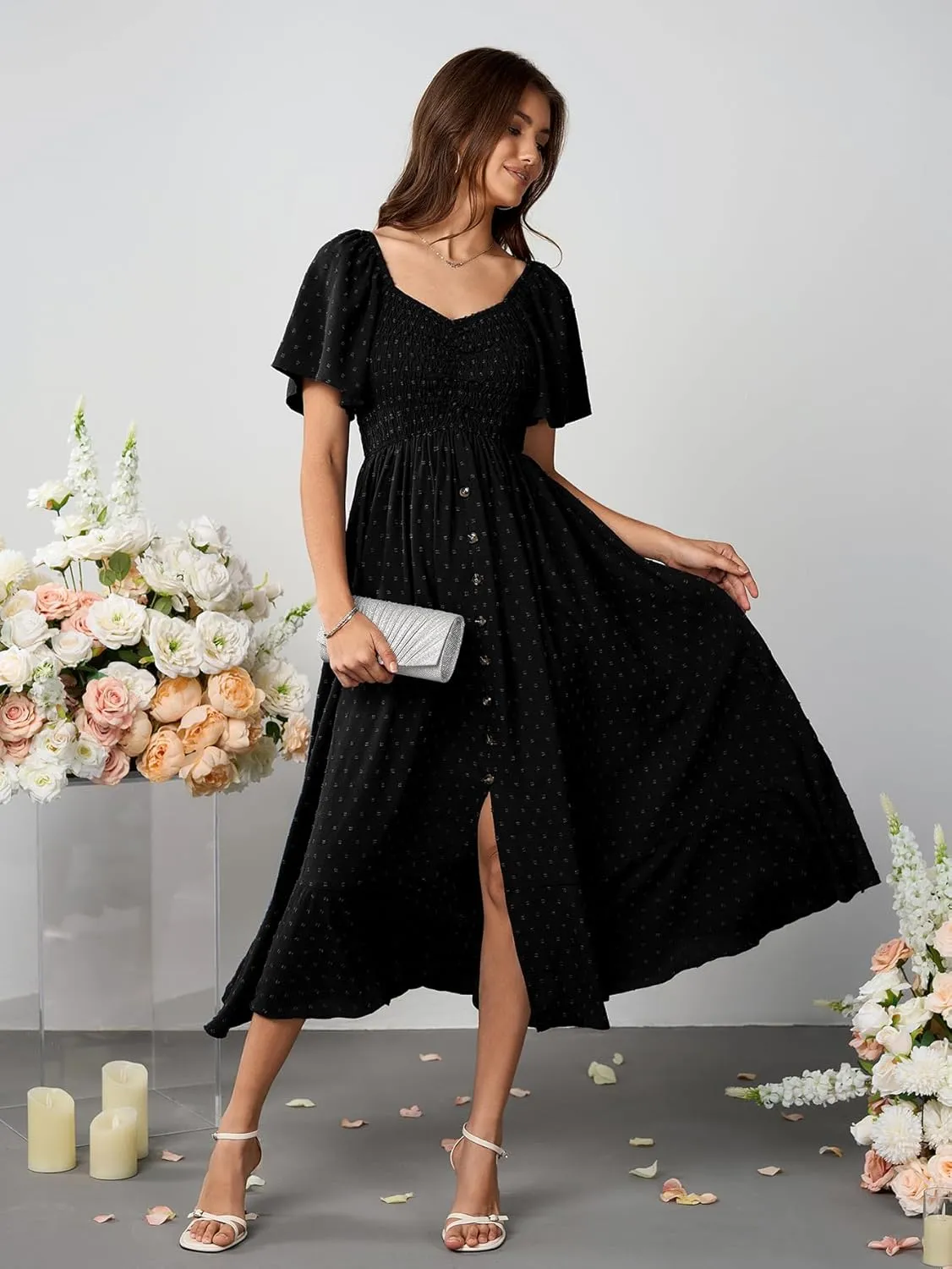 Womens Long Summer Boho Dress V Neck Swiss Dots Smocked Ruched Ruffle Button Down Flowy A Line Formal Maxi Dresses